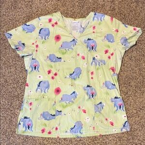 Disney Women's scrub Top with Blue and Green Eeyore Print used Sz medium